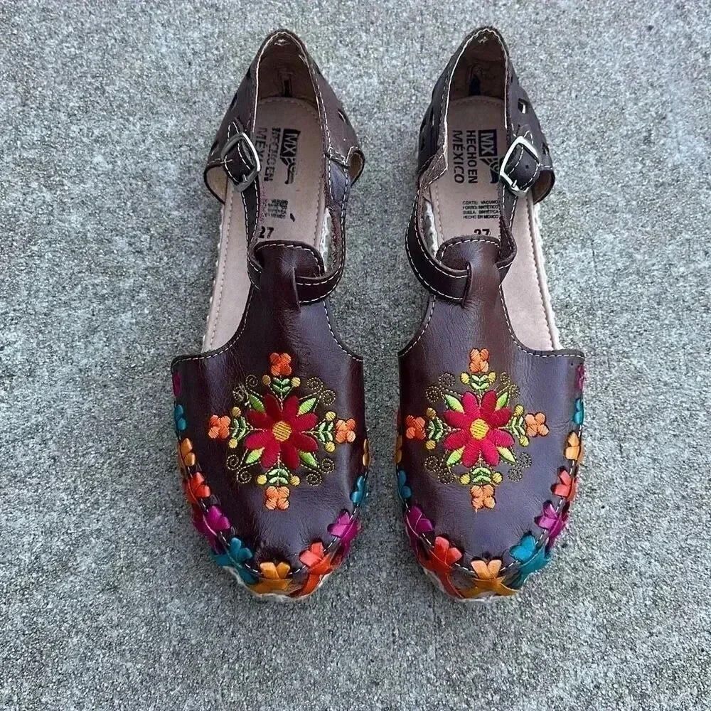 Women's Mexican Leather Flower Design Sandals Comfortable Huaraches Size 27